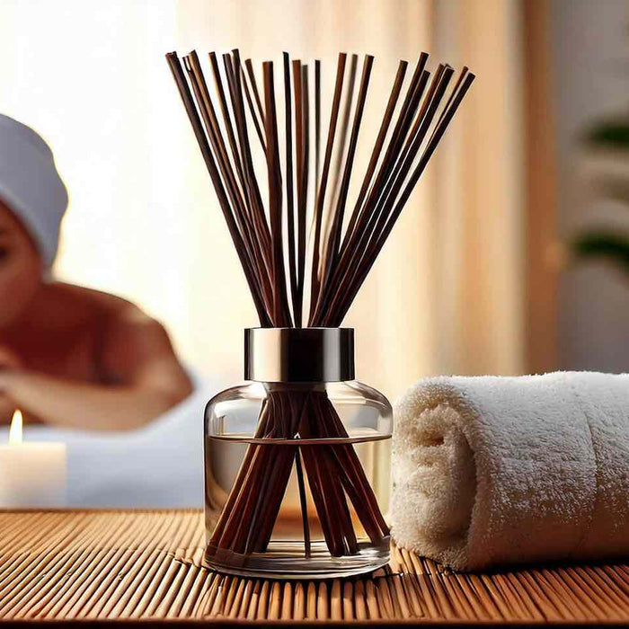 Lady in a Spa with a New Dawn UK reed diffuser and a white towel